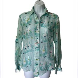 Leggiadro Blouse Silk Blend  Fish  print long sleeve button front Size S